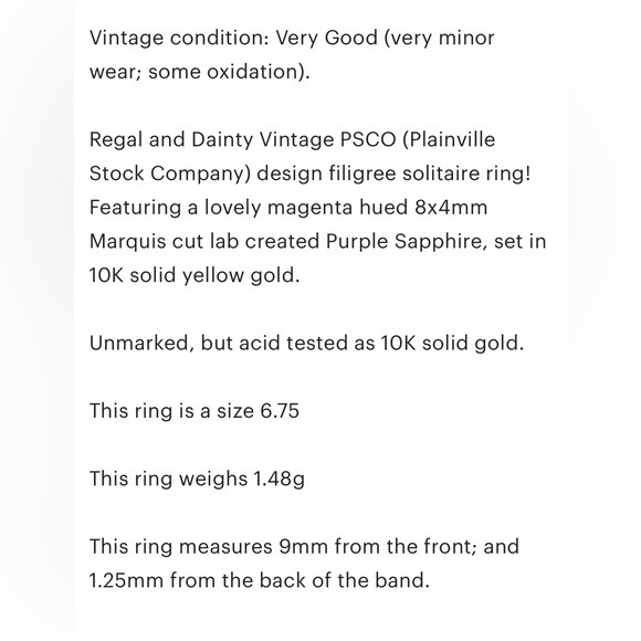 Vintage 10K Gold Lab Created Purple Sapphire Ring: Marquis Filigree Size 6.75 - Picture 12 of 12